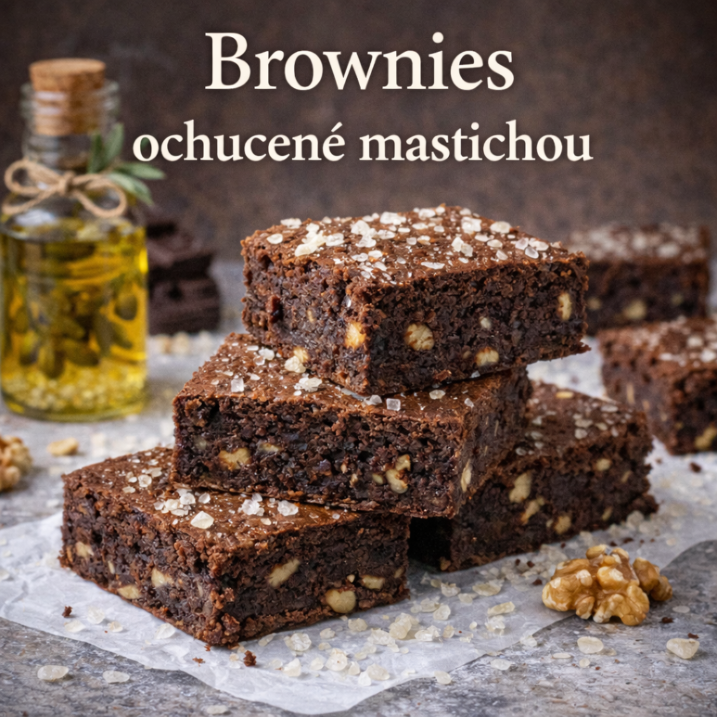 Brownies ochucené mastichou – hnědé čtvercové brownie kousky s viditelnými kousky vlašských ořechů a krystaly mastichy, naskládané na pečicím papíru, s lahvičkou mastichového oleje a kusy tmavé čokolády v pozadí.