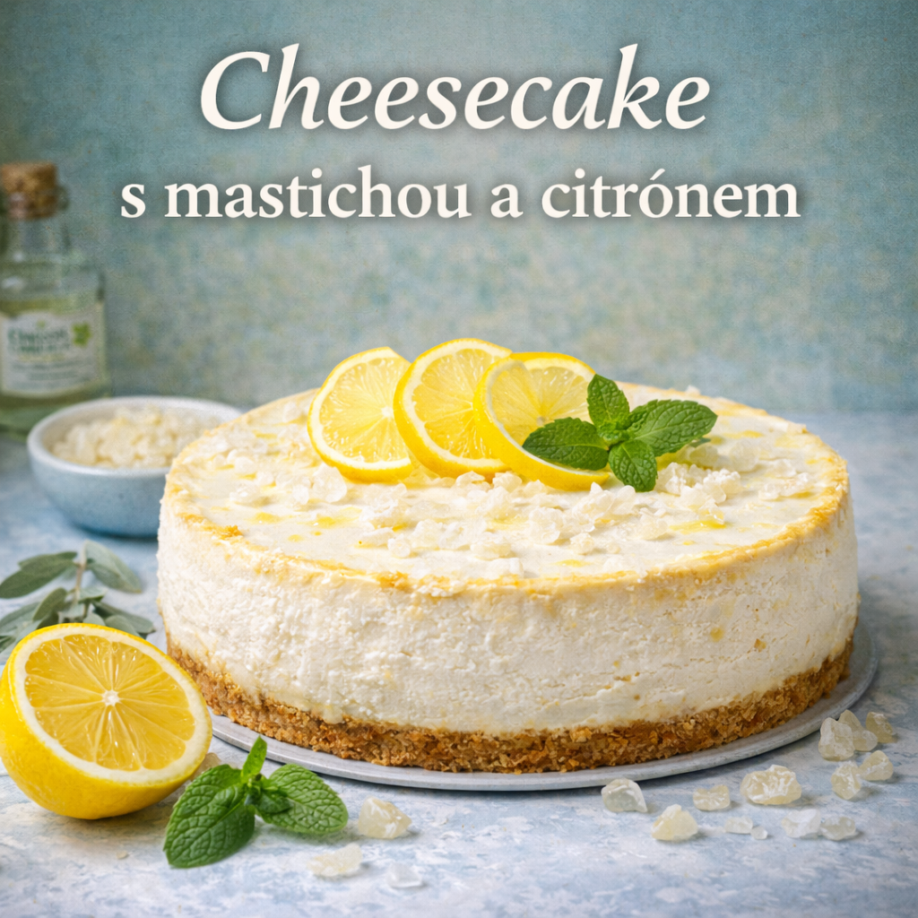 Cheesecake s mastichou a citrónem – krémový cheesecake s křehkým sušenkovým korpusem, ozdobený plátky citrónu, lístky máty a krystaly chioské mastichy na světlém modrém pozadí.