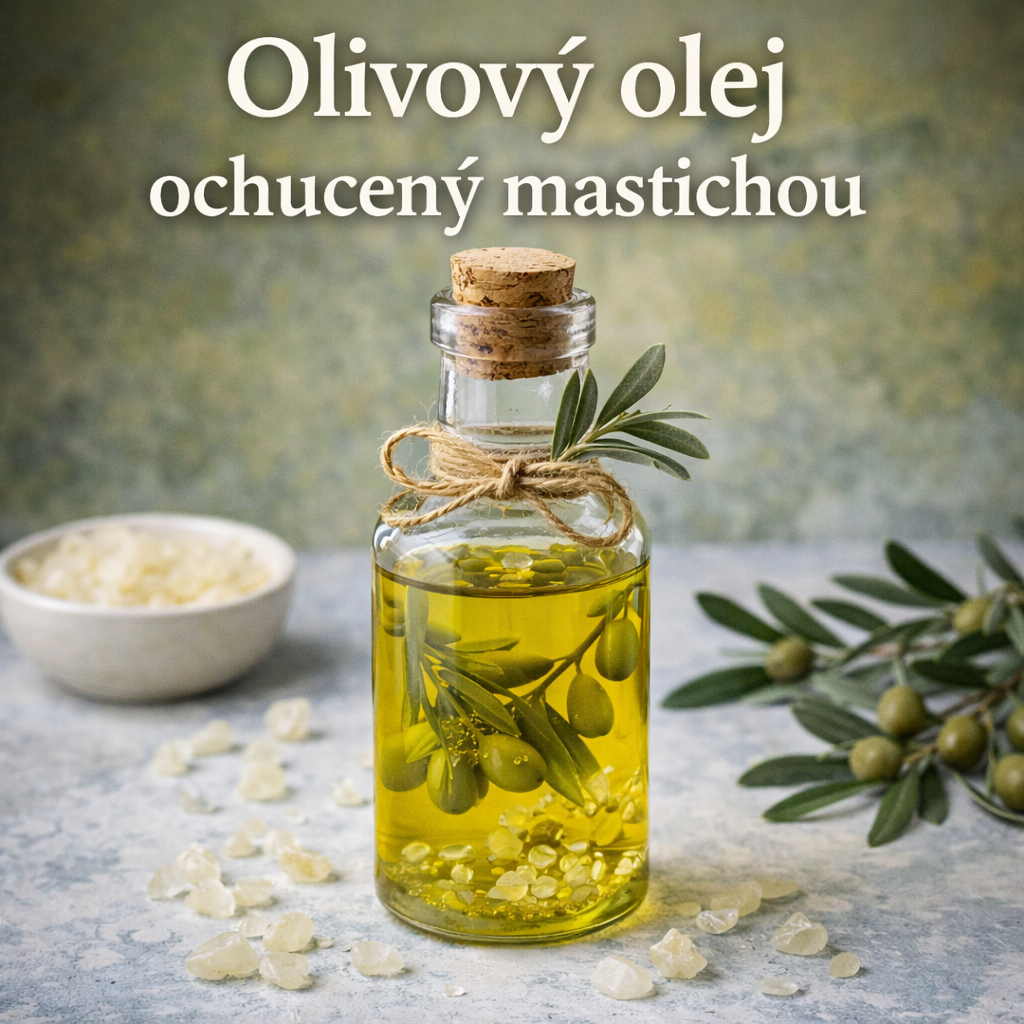 Olivový olej ochucený mastichou – skleněná lahvička s olivovým olejem a krystaly chioské mastichy, doplněná olivovými větvičkami a plody, na světlém přírodním pozadí.
