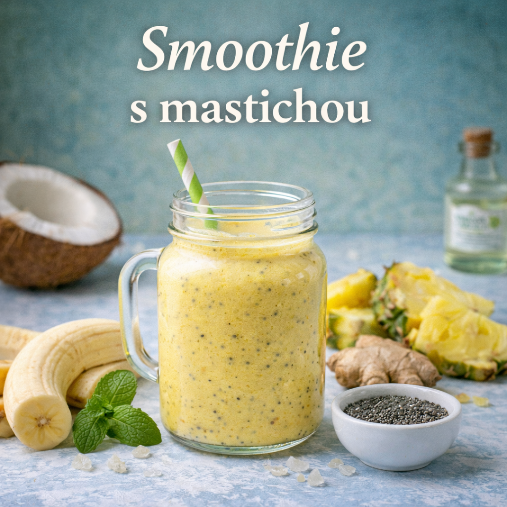 Smoothie s mastichou – žluté smoothie v skleněné nádobě s brčkem, posypané chia semínky, obklopené banánem, ananasem, zázvorem, kokosovým ořechem a mastichovým olejem na světlém modrém pozadí.