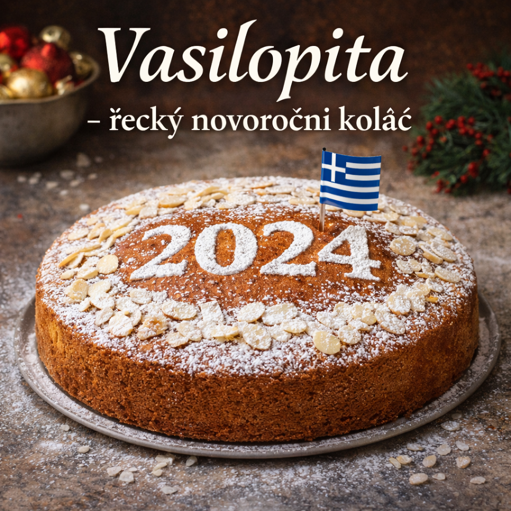 Vasilopita – tradiční řecký novoroční koláč s hnědou kůrkou, posypaný plátky mandlí a moučkovým cukrem, s číslem 2024 vyznačeným na povrchu a řeckou vlajkou, na stříbrném talíři na kamenném podkladu.